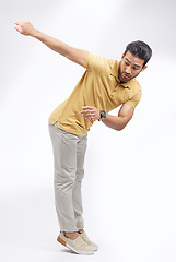 Image showing Dancer, man and routine with training, creative and movement on a white studio background. Male person, artist and model with practice for performance, dancing and energy with expression and fitness