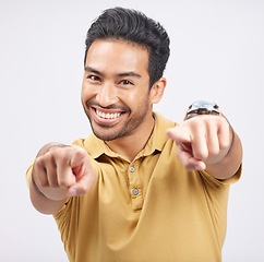 Image showing Portrait, smile of Asian man and pointing to you in studio isolated on a white background. Face, happy and person with choice, decision or selection of option, winner and hiring, recruitment and vote