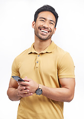 Image showing Happy, funny and Asian man with a smartphone, connection and social media on a white studio background. Person, network and model with a cellphone, mobile app and humor with a notification and email