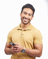 Image showing Portrait, smile and Asian man with a smartphone, connection and social media against a white studio background. Person, network and model with a cellphone, mobile app and communication with email