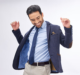 Image showing Business man, dancing and smile in studio with success, celebration and thinking with fashion by white background. Entrepreneur, dancer and happy for goals, winning and vintage suit for motivation