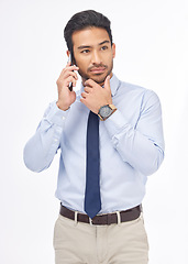 Image showing Phone call communication, studio and business man networking, consulting and talking with investment contact. Conversation, cellphone consultation and professional person speaking on white background