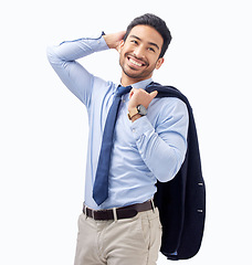 Image showing Thinking, happy and a businessman on a white background for work, corporate fashion and idea. Smile, vision and an Asian employee with stylish clothes isolated on a studio backdrop for a professional