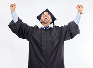 Image showing Graduation, success and man in celebration of an achievement of diploma isolated in a studio white background. Winning, excited and student from a university or college happy for a certificate