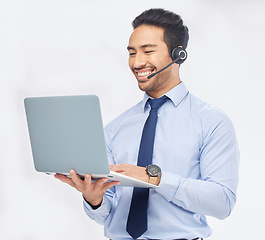 Image showing Call center, laptop and Asian man telemarketing, support or contact us isolated on a white studio background. Computer, smile and sales agent, customer service or consultant on internet for crm email