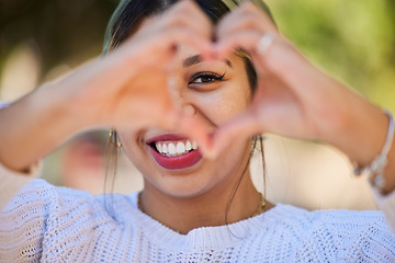 Image showing Heart hands, love and smile with portrait of woman in park for support, health and kindness symbol. Peace, emoji and motivation with person and gesture in nature for empathy, trust and valentines day