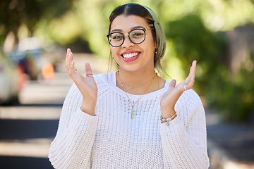 Image showing Hijab, muslim and portrait of a woman in a park laughing feeling happy for religion on holiday or vacation for freedom. Happiness, smile and young Islamic person with joy, relax and positive mindset