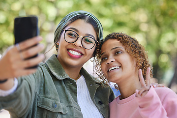 Image showing Women friends, selfie and peace sign at park with smile, hug or emoji for memory, blog or post on web. Muslim girl, gen z students and happy for profile picture, photography or icon for social media