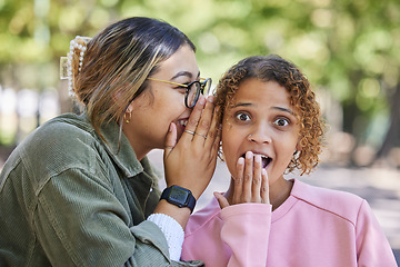 Image showing Women in park, gossip and secret conversation together with surprise news, excited discussion and communication. Friends, talking in ear and bonding with confidential information, privacy and whisper