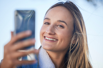 Image showing Smile, city selfie and face of woman pose for memory profile picture, on video call communication and happy for holiday photo. Travel vacation, happiness and youth person post to social media