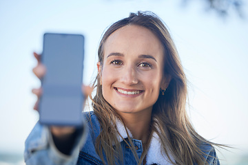 Image showing Phone, screen and outdoor portrait of woman with social media, blog or post online with network connection and contact. Smartphone, communication and person with mobile app, internet and happiness