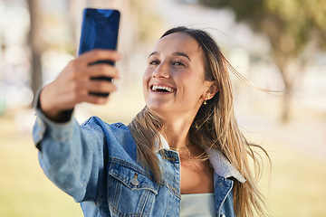 Image showing Happiness, nature park selfie and woman pose for memory profile picture, post to social network and smile for holiday photo. Vacation, outdoor photography and gen z person update online media app