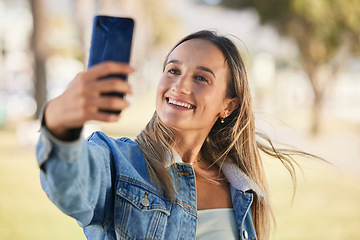 Image showing Happy selfie, outdoor nature and woman pose for memory picture, post to social network and smile on video call communication. Happiness, photography or person update online photo of media application