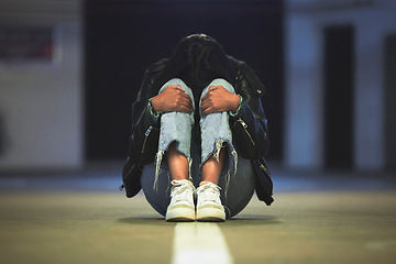 Image showing Sad, crying and fear with woman on ground for depression, psychology and tired mockup. Mental health, fatigue and pain with female person feeling lonely for mistake, failure and burnout problem