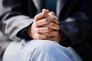 Image showing Hands together, anxiety and woman with stress from mental health and wellness problem outdoor. Prayer, hope closeup and closeup of a person feeling nervous and sad with grief, fear and worried