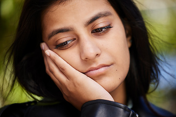 Image showing Sad, thinking and mental health with woman in nature for depression, stress and confused. Fear, frustrated and crisis with face of person feeling lonely in outdoors for tired, mistake and problem