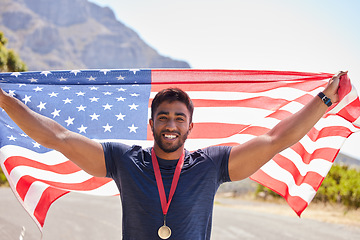 Image showing Runner, winning and portrait of happy man with American flag on road for fitness goal, success or running. Proud sports champion, race winner or excited athlete with victory or gold medal in USA