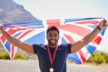 Image showing UK, runner and portrait of happy man with flag on road for fitness goal, success or running race competition. Proud champion winner, winning or excited British athlete with victory or gold medal