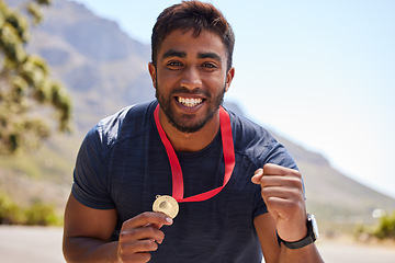 Image showing Runner, winner and portrait of happy man with medal on road for fitness goal, winning or running race. Sports champion, success or face of excited athlete with competition victory in cross country