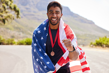 Image showing USA, winner and portrait of happy man with American flag for fitness goal, success or running competition. Proud champion runner, winner or excited athlete with race victory or gold medal on road