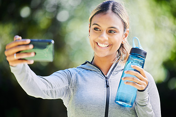 Image showing Runner woman, selfie and smile in park for memory, blog update or post with exercise, fitness or training. Influencer girl, happy and photography for wellness, health or workout on social network app