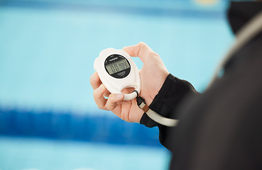 Image showing Stopwatch, sports and hands of coach at swimming pool for training, workout and fitness tracker. Personal trainer, exercise and competition with closeup of person and timer for check and cardio