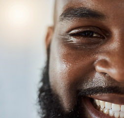 Image showing Black man, face and portrait smile with teeth for dental care or hygiene against a studio background. Closeup of happy African male person in tooth whitening, oral or gum and mouth cleaning on mockup