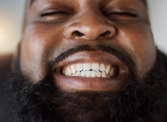 Image showing Black man, face and smile with teeth for dental care or hygiene against a studio background. Closeup of happy African male person in tooth whitening, oral or gum and mouth cleaning at the dentist