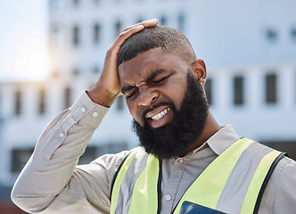 Image showing Black man, architect and headache in city from stress, burnout or mistake on rooftop with pain in construction. African male person, engineer or contractor with mental health or migraine on site