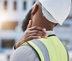 Image showing Engineer, outdoor and man with neck pain, injury and stress with burnout, contractor and builder with a helmet. Tired, architect and employee with accident, health problem and emergency with tension