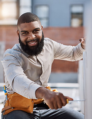 Image showing Portrait, engineer and air conditioner install with a black man on a roof for construction or manual labor. Building, engineering and an electrician working on ac repair for maintenance or service