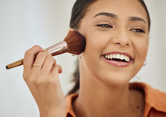 Image showing Brush, makeup and woman with a smile, beauty and cosmetology with self care, applying product and happiness. Person, skincare and girl with cosmetic tool, foundation for facial treatment and happy