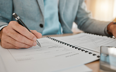 Image showing Life insurance, contract and hands of lawyer sign an agreement paperwork in an office for security compliance. Document, testament and business person or attorney working on legal paper for a deal