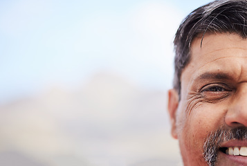 Image showing Smile, half portrait and a man in nature with mockup for marketing or maintenance advertising. Happy, face and a mature contractor, worker or builder with bokeh space for construction information