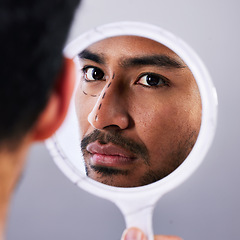 Image showing Plastic surgery, mirror and drawing with facial of man and lines for rhinoplasty and nose. Skincare, face and dermatology of a male person with medical filler procedure and reflection in studio