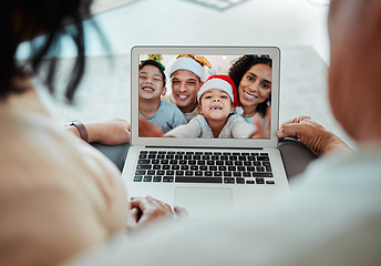 Image showing Christmas, family and video call on laptop in portrait, happy and communication. Xmas, computer and kids with parents in online chat for celebration of holiday in virtual webinar with face of couple