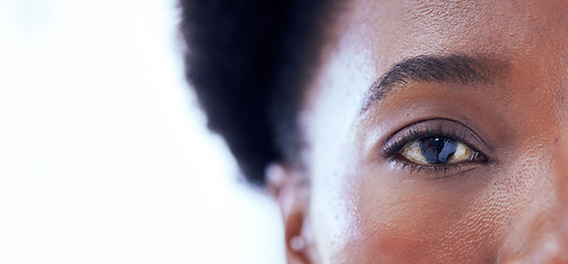 Image showing White background, eye and portrait of black woman for vision, banner and health with mockup space. Macro, eyes closeup and face of female person for biometric or retina scan, contact lens and exam