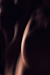 Image showing Back, dark and body of person with artistic for skincare isolated in a studio background for health or wellness. Art deco, self care and closeup of natural creative skin texture for beauty in macro