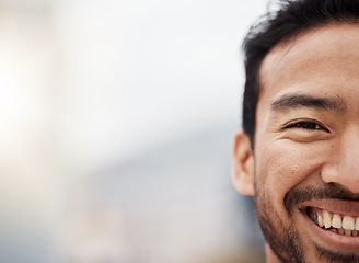 Image showing Happy, face and closeup with half of man in mockup, background for advertising space with businessman. Portrait, smile and person with wellness, motivation and opportunity for future in career or job
