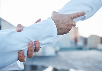 Image showing Teamwork, hands and business men with support, unity and collaboration, integration and deal outdoor. Partnership, closeup and male team in agreement, support and commitment, solidarity or help