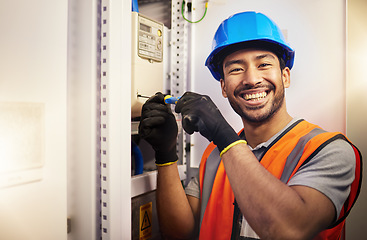 Image showing Electrician, repair and portrait with man in control room for tools, mechanic or safety. Electricity, energy and power with Asian technician and check for generator, maintenance or circuit inspection