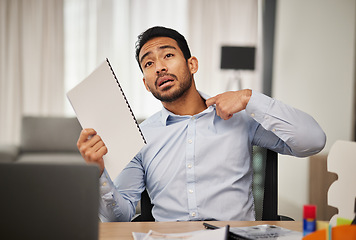 Image showing Hot, heat and businessman with stress due to debt and shocked fan with paperwork and is sweaty in home office. Remote work, tired and frustrated employee with burnout or anxiety feeling overworked