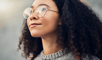 Image showing Woman, thinking and city travel of student face with glasses on a street with dream. Urban, university holiday and African female person in college walking on adventure and vacation outdoor to relax