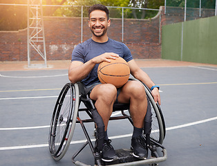 Image showing Basketball player, portrait and man in wheelchair for sports, fitness and training game on court. Person with a disability, Mexican athlete and mobility equipment for ball match, exercise and workout