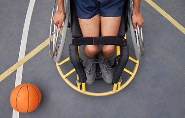 Image showing Sports, basketball court and aerial of man in wheelchair for playing game, challenge and practice outdoors. Fitness, above and male person with disability with ball for training, workout and exercise