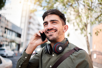 Image showing Phone call, city and man travel outdoor with communication, connection or chat. Happy male student on urban road with smartphone and network for contact, mobile conversation or opportunity with smile