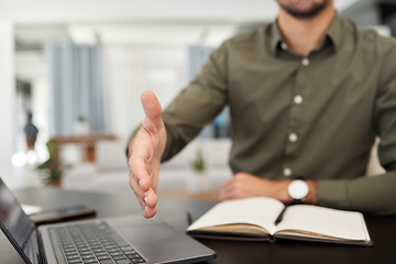 Image showing Business man, closeup and recruitment for handshake at desk, hiring interview and HR meeting in office. Trust, employer and offer support for shaking hands in partnership, introduction and welcome