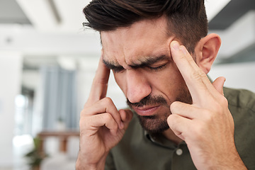 Image showing Business man, stress and headache for burnout, debt and confused by mistake, pain and challenge. Face of male employee with anxiety, bankruptcy problem and frustrated with fail, crisis and brain fog