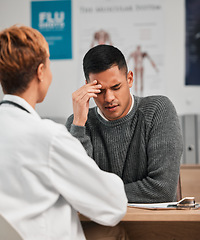 Image showing Pain, headache and doctor with patient in consultation, exam or test in hospital clinic with stress. Burnout, fatigue and medical professional helping a tired person or sick man with nursing advice