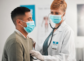 Image showing Doctor, face mask or woman with man breathing for healthcare, nursing or clinic cardiology. Wellness services, cardiology or medical worker checking heart beat with listening equipment in hospital